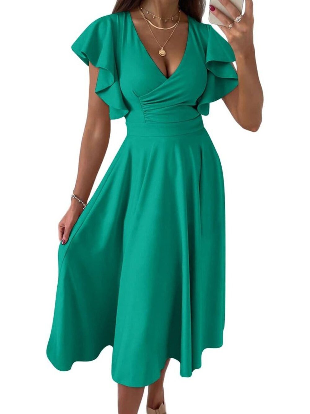 Women's Bean Green Ruffled Flutter Sleeves V Neck High Waist Imported MIDI Dress